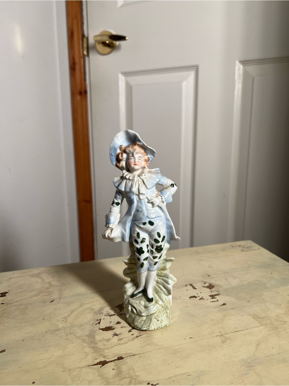 Porcelain Pierrot Figurine in White and Green - Decorative Home Art